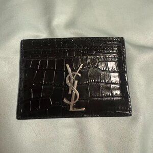 NWT Saint Laurent YSL Card Holder Croco-embossed Patent Leather Black
